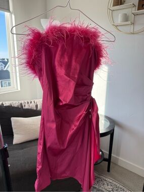 Fuchsia Feather-Trim Mini Dress